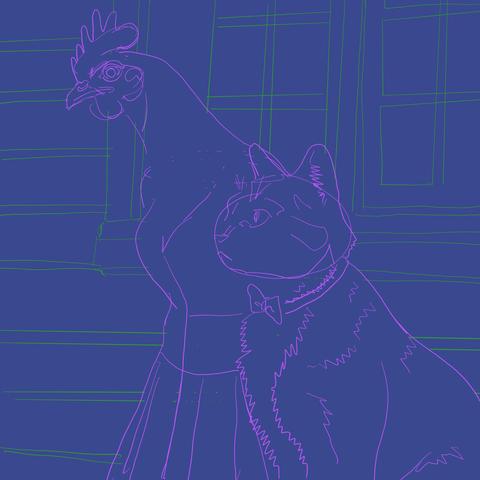 Periwinkle background with a pink outline of a fancy dressed chicken and a cat in a tuxedo. Green outline of the wooden wall and windows they're standing before.