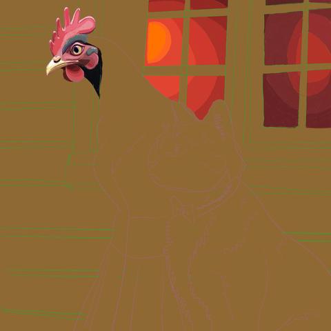 Tan background with the windows coloured in shades of orange and red. The chicken's head is now carefully rendered.