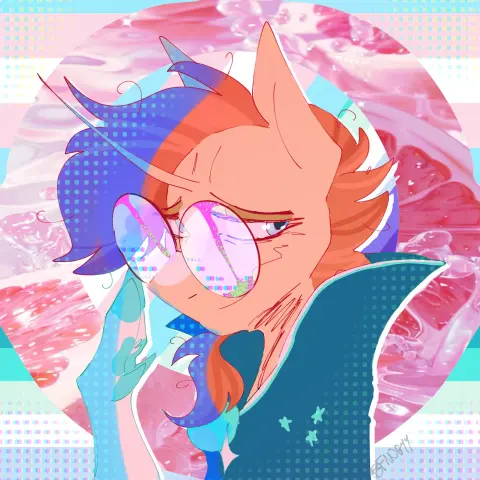A Fangyy digital artwork with Sunburst from MLP against a background with the transgender and mlm flags.