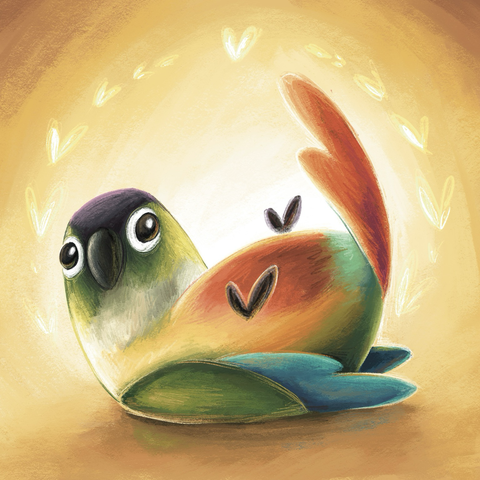 Digital drawing: a cute and chubby green cheek conure is lying on its back, its head up looking to the side with slightly vacant, googly-looking eyes. The top of its head is a warm grey, it has a green face, a light grey collar, and its belly is a yellow and red gradient. It’s red tail is curling up slightly above it’s body and two little heart-shaped feet are hanging in the air. The background is a soft yellow that goes brighter towards the center until it’s completely white.