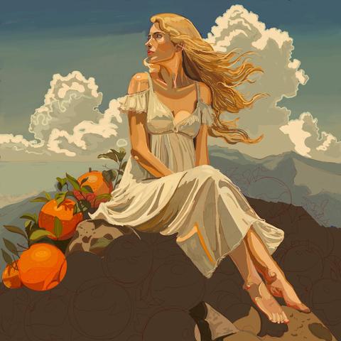Flaxen haired woman in a flowy white dress. Behind her is a mountain landscape and large clouds. It's becoming clear that she's sitting on a pile of oversized oranges.