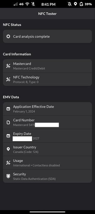NFC tester tool for the FLX1 scanning a EMV card
The card info here is from a deactivated card that still transmits data