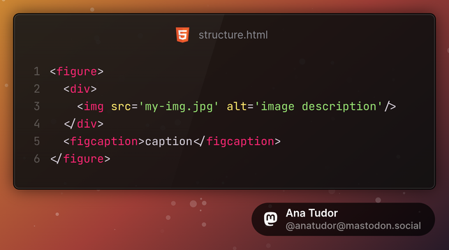 <figure>
  <div>
    <img src='my-img.jpg' alt='image description'/>
  </div>
  <figcaption>caption</figcaption>
</figure>