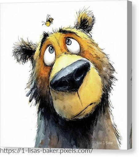 The Bear and the Bee / Bear Art by Lisa S Baker. A curious bear gazes upward with wide eyes as a small bee hovers above its head. The bear's expression is a mix of surprise and wonder, capturing a playful interaction between the characters.