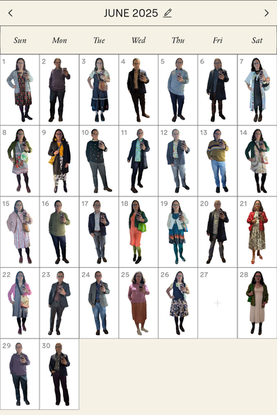 All of the selfies for the outfits I wore in June, arranged in a calendar view (except one day I forgot to take a selfie).