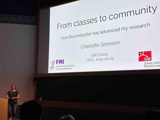 Charlotte Soneson delivering her keynote titled “From classes to community: how Bioconductor has advanced my research.”