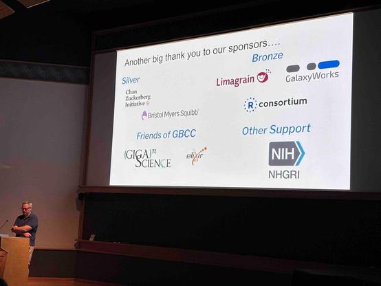 Slide showing GBCC2025 sponsors and supporters - CZI, Limagrain, GalaxyWorks, Bristol Myers Squibb, R Consortium, Gigascience, ELIXIR, NHGRI