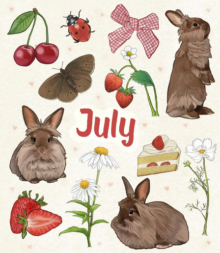 This is a whimsical illustration collection for July, featuring rabbits, cherries, strawberries, a ladybug, a butterfly, daisies, a bow, and strawberry cake, all set against a background with small pink hearts.