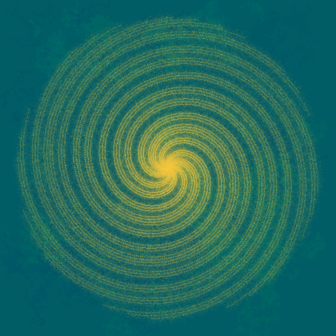 A mottled blue background with a yellow Halton spiral centered in the middle.