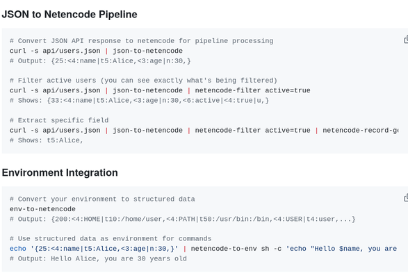 An excerpt from early in the readme, showing some json to netencode tools and environment integration