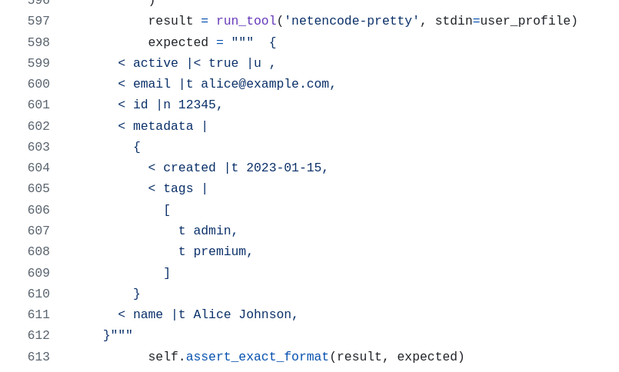 An example of a pretty-printed netencode structure, with a bunch of record fields and nested metadata