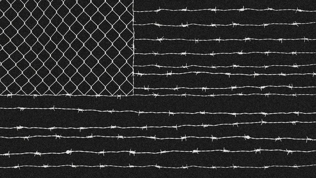 A flag proportioned space with a chain link fence in the upper left and horizontal rows of barbed wire covering the rest of the area, reminiscent of what the flag of the United States of America looks like.