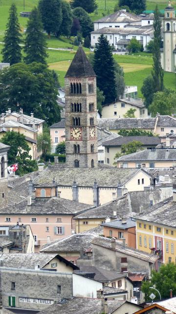 One of the two striking church towers of Poschiavo, the largest village in the Puschlav region.
