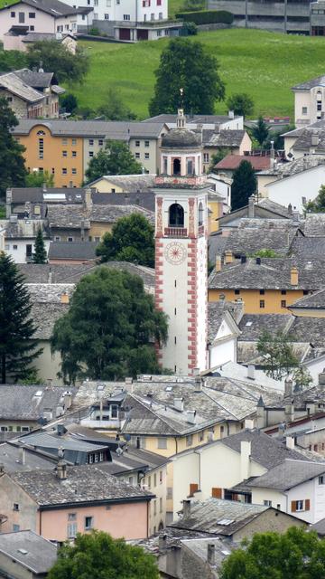 One of the two striking church towers of Poschiavo, the largest village in the Puschlav region.