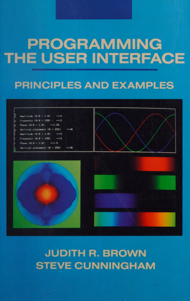 front cover of the book mentioned. It's a simples design with a centre image showing elements of user interfaces. One is text-based, another one shows some RGB sine waves, another some gradients, and no idea about the last one :)