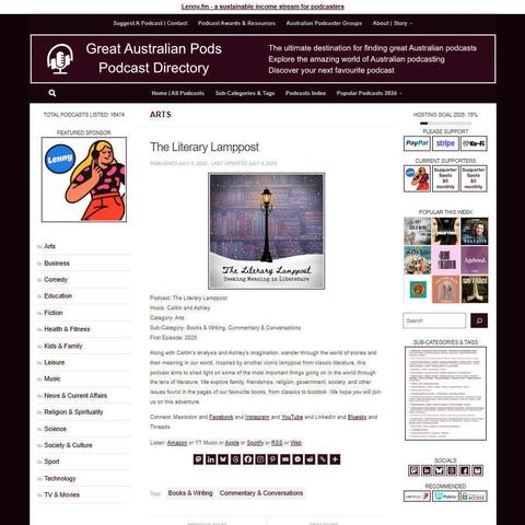 The Literary Lamppost
Screenshot of the podcast listing on the Great Australian Pods website