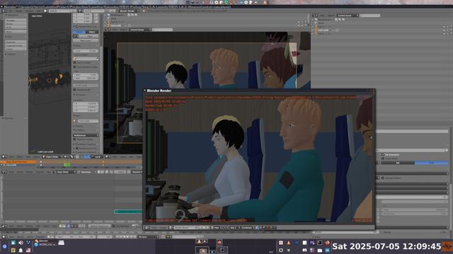 Screen capture of Blender 2.79, with my "cam" file open, doing a GL previz animation to check on how the animation currently looks.

The capcom can be in the center left of this frame. The other characters are extras who don't move (their armatures have been applied, so they are frozen in place).