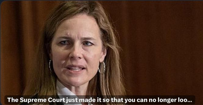 SCJ Barrett & text overlay references a decision by the Supreme Court.