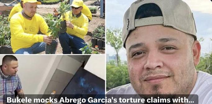 Pic of Abrego Garcia
1. Two individuals in yellow shirts planting in a garden.
2. A man seated, looking at a screen displaying an image.
3. A close-up of a man smiling outdoors. 

The overlay text references Bukele mocking him: