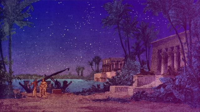 Drawing of a scene from Act 3 of the opera «Aida» by Giuseppe Verdi. Night on the banks of the Nile. On the left two people in front of a small boat, on the right an Egyptian temple and palm trees.
Title: «Aida – Atto III. Le Rive del Nilo» from «L’illustrazione popolare» Fratelli Treves Editori, Milan, 1886.
Source: https://commons.wikimedia.org/wiki/File:Aida_%E2%80%93_Atto_III.jpg
Colorized by Stefan Romero Grieser @operaimmagine