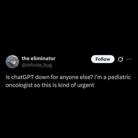 @infinite_bug

is chatGPT down for anyone else? i'm a pediatric oncologist so this IS kind of urgent