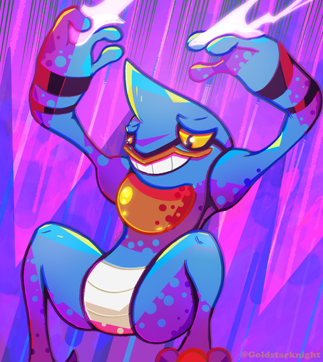Toxicroak is just about to land after falling or jumping. Its arms are raised above its head and its venomous claws are glowing purple, leaving a trail behind.
The image is very colourful and an additional purple texture covers parts of the Pokémon's body. The texture has holes and circles reminiscent of toxic bubbles.
The background is a stark purple with speedlines flowing through it.