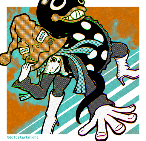 Eruka Frog from Soul Eater rendered in a manga-esque style that uses orange and light blue screen tones.
She is striking a superhero landing pose, holding her hat with her hand and supporting herself with the other. One of her tadpoles is wrapped around her outstreched arm.