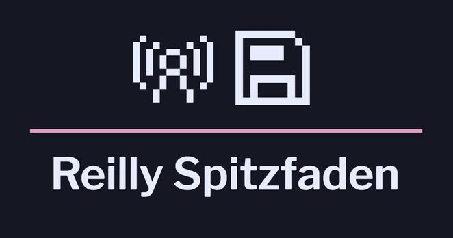 Pixel art of a radio tower and floppy disk, with pixel art text reading 'Reilly Spitzfaden'
