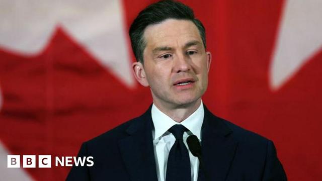 Pierre Poilievre, Leader of the Conservative Party of Canada, holds a press conference in Ottawa. He speaks into a microphone and a Canadian flag is seen behind him.