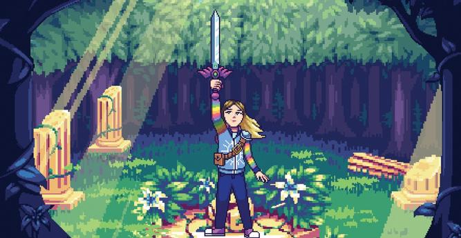 A blonde girl in a hoodie with rainbow-striped arms holds a sword aloft in a wooded, sunlit glen in a 16-bit-style promotional image for the Legend of Zelda documentary film Break the Game