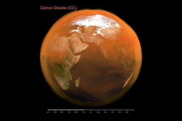 Volumetric visualization of the total carbon dioxide (CO₂) on a global scale added on Earth's atmosphere over the course of the year 2021. Volumetric visualization of the total carbon dioxide (CO₂) on a global scale added on Earth's atmosphere over the course of the year 2021.