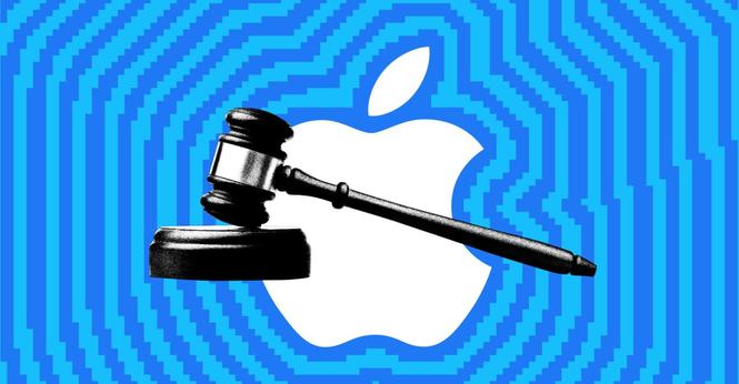 An illustration of Apple’s logo and a gavel.