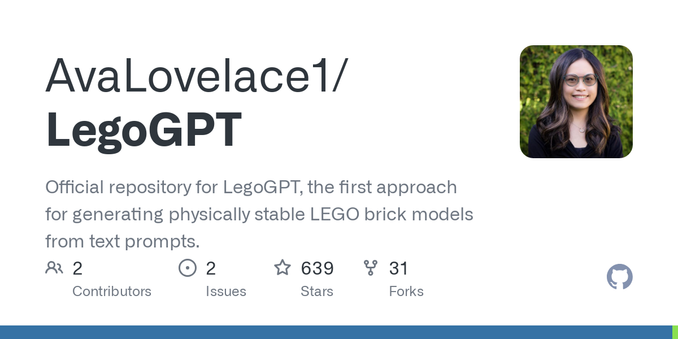 Official repository for LegoGPT, the first approach for generating physically stable LEGO brick models from text prompts. - AvaLovelace1/LegoGPT Official repository for LegoGPT, the first approach for generating physically stable LEGO brick models from text prompts. - AvaLovelace1/LegoGPT