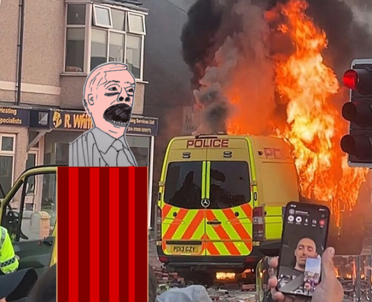 Composite of Farage caricature on podium against the fire started by Southport race rioters, 2024.