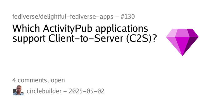 Summary card of an issue titled "Which ActivityPub applications support Client-to-Server (C2S)?" in repository fediverse/delightful-fediverse-apps