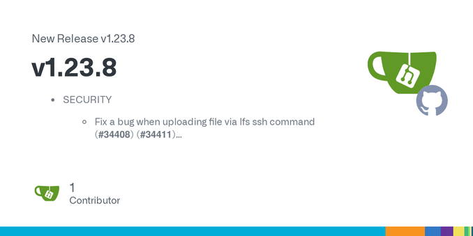 SECURITY

Fix a bug when uploading file via lfs ssh command (#34408) (#34411)
Update net package (#34228) (#34232)



BUGFIXES

Fix releases sidebar navigation link (#34436) #34439
Fix bug webhook ...