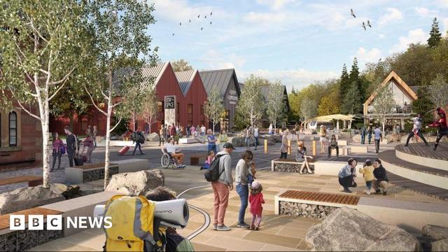 Art depicting the proposed Flamingo Land resort on the banks of Loch Lomond. Modern buildings line a street with benches and trees. Families walk around the open space 
