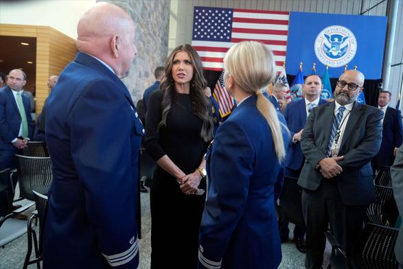 U.S. Homeland Security Secretary Kristi Noem speaks with employees at the Department of Homeland Security headquarters on January 28, 2025, in Washington, D.C.