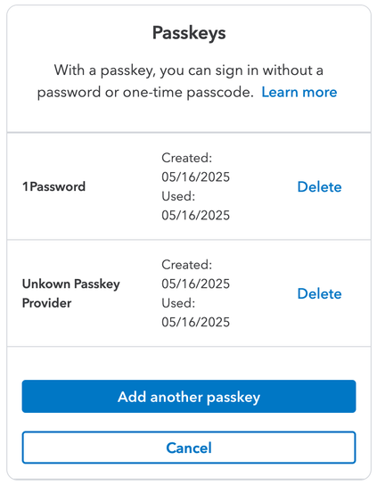 Screenshot of Intuit's passkey interface. There are two entries: One for 1Password, and another called "Unknown Passkey Provider". 