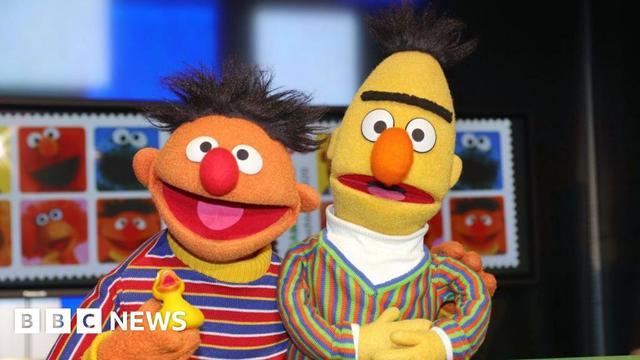 Sesame Street characters Bert and Ernie pose during the presentation of the NDR and Deutsche Post commemorative stamp of 'Sesamstrasse' on March 2, 2020 in Hamburg, Germany.