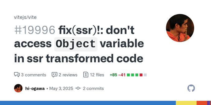Description
Closes Exporting redefined "Object" throws an error in SSR #15485
Closes Live binding does not work when the Object constructor is shadowed #19993
I added __vite_ssr_exportN... Description
Closes Exporting redefined "Object" throws an error in SSR #15485
Closes Live binding does not work when the Object constructor is shadowed #19993
I added __vite_ssr_exportN...