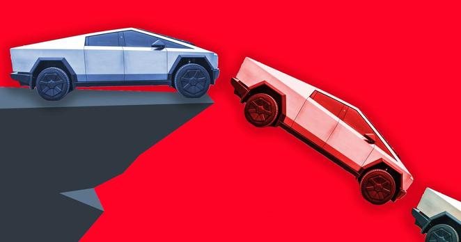 Tesla cybertrucks going off a cliff. Photo illustration