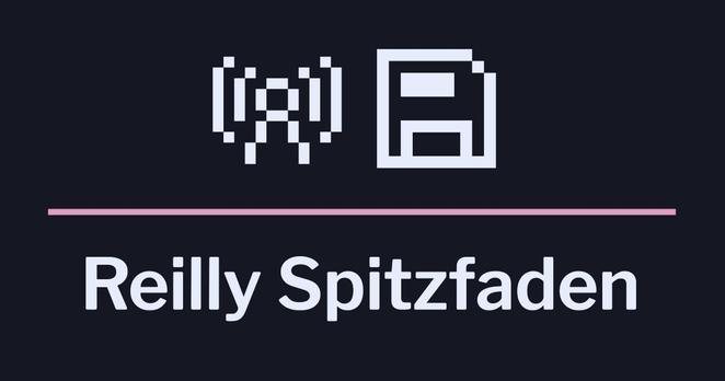 Pixel art of a radio tower and floppy disk, with pixel art text reading 'Reilly Spitzfaden'