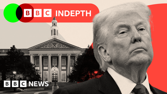 A treated image of Donald Trump alongside Harvard University.