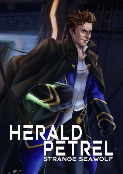 Book cover of the SciFi novel Herald Petrel by Strange Seawolf, depicting Captain Harold Galahad running down a beaten up corridor on a space ship. He looks determined and wears a deranged company uniform with a long, flowing cloak, under his arm he carries a green glowing machine part.

Artwork by Alj:
https://www.instagram.com/aljeensane/
