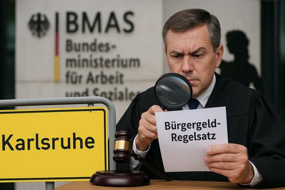 Richter prüft Bürgergeld-Regelsatz mit Lupe. BMAS und Ortsschild Karlsruhe