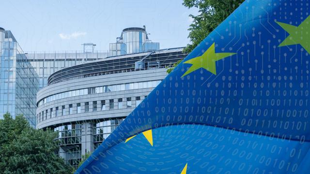 European Parliament building in Brussels on the background, half covered with an EU flag on the foreground right side. There is a layer with binary code on the foreground of the entire image