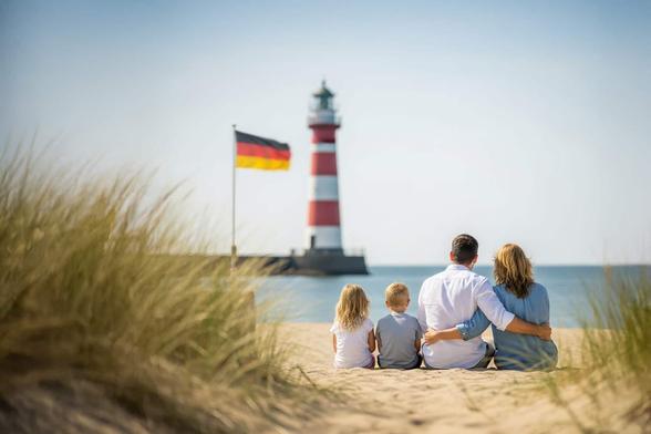 Familie mit zwei Kindern sitzt am Strand, blickt auf Meer, Leuchtturm und kleine Deutschlandflagge im Hintergrund (Strandkörbe unscharf), Urlaubsszene in Deutschland