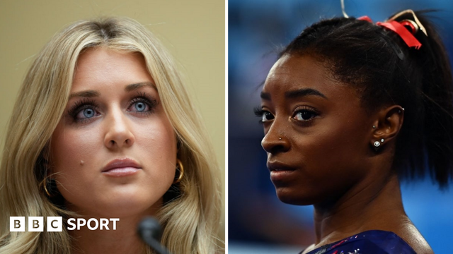 Riley Gaines (left) and Simone Biles (right)