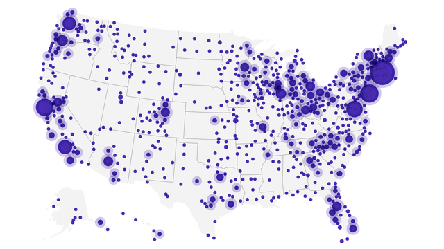 A map of the U.S. showing the locations of protest events planned for June 14, 2025. There are at least 1,500 events planned in 1,400 cities.
